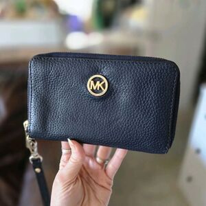Michael Kors Navy Zip-Around Women's Wallet with Wrist Strap phone